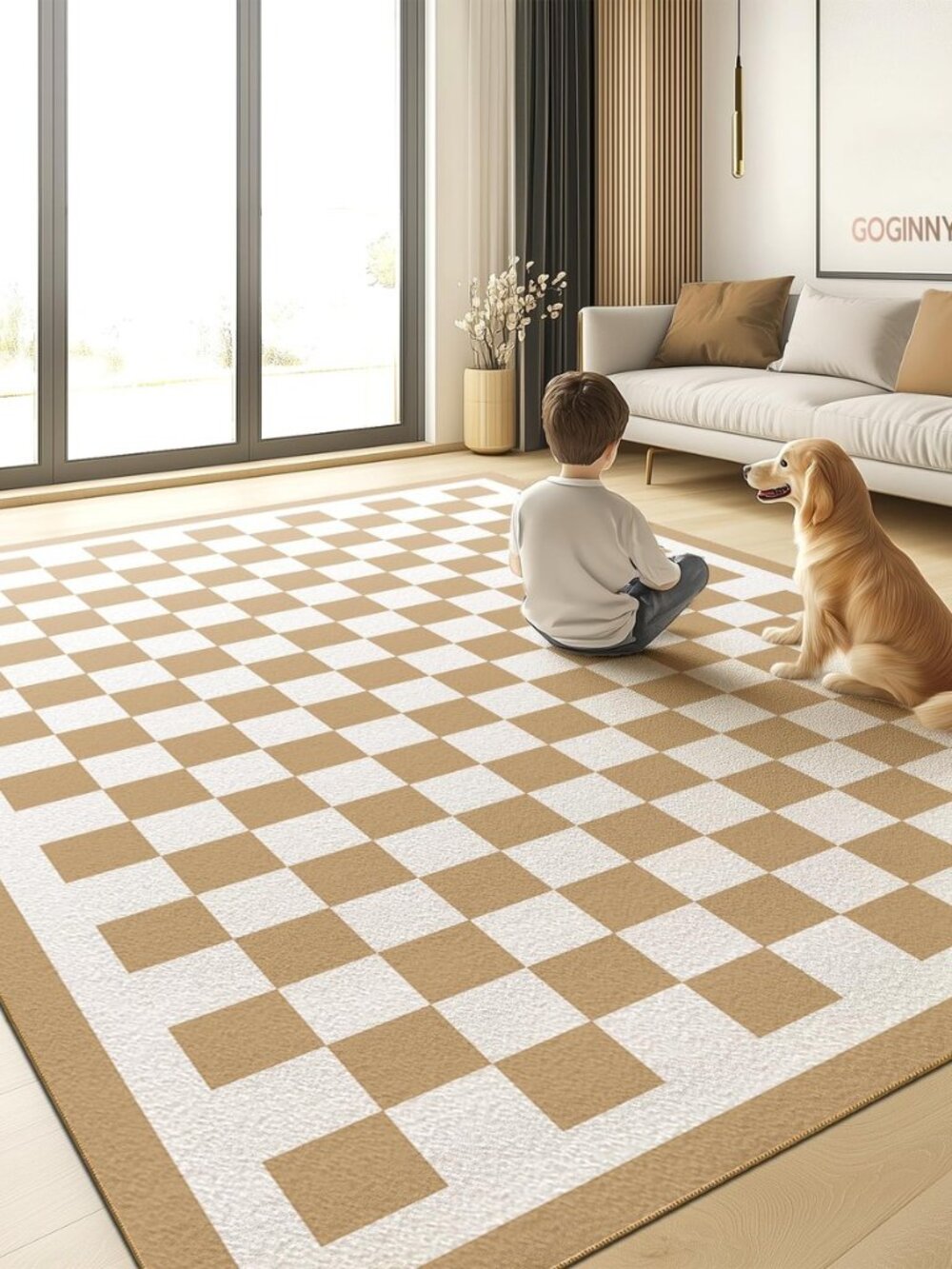 Washable 4x6 Checkered Area Rug for Living Room, Tan Brown Checkerboard Modern